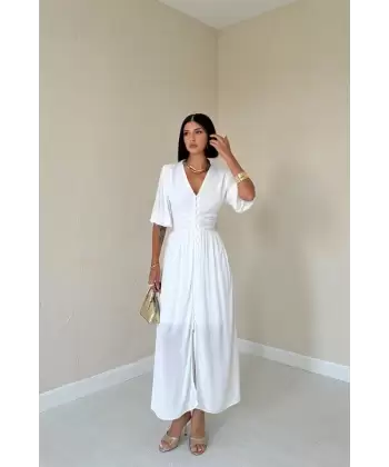 Ekru Önü Düğmeli Elbise