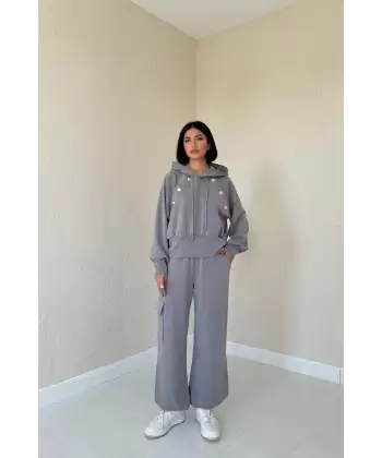 Haki Kapüşonlu Sweatshirt Ve Kargo Pantolon Takım