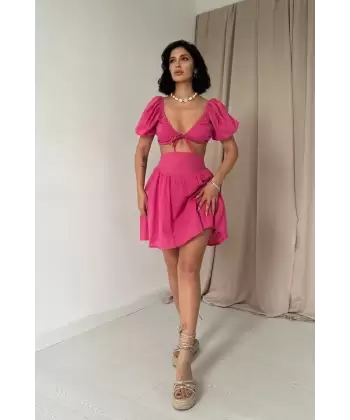 Ekru Brode Crop Ve Mini Etek Takım