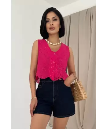Fuşya Sıfır Kol Brode Bluz