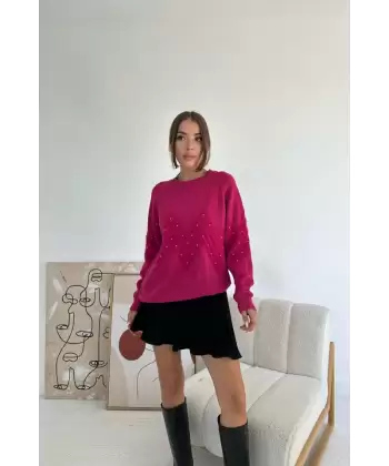 Siyah Zikzak Boncuklu Triko Kazak