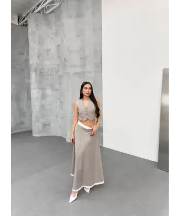 Gi̇o Çi̇zgi̇li̇ Garni̇li̇ Mi̇di̇ Etek Yelek Takim