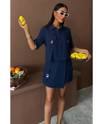 Gömlek Şort Etek Viscon Keten Takım 10162