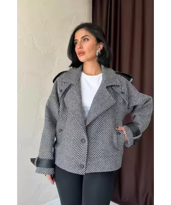 Gri Çizgili Deri Garnili Ceket