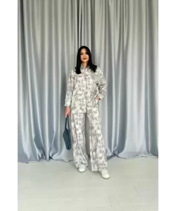 Mavi Leopar Desenli Ceket Ve Pantolon Keten Takım