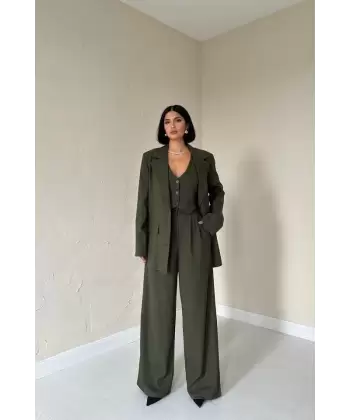Haki Klas Ceket Ve Yelek Ve Pantolon Takım