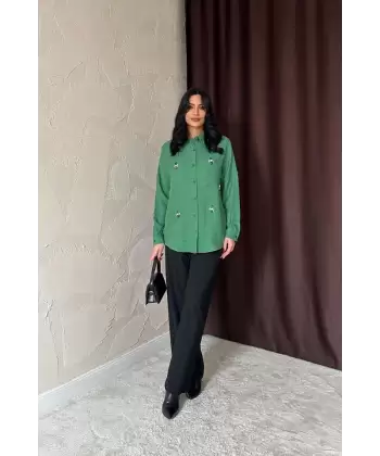 Haki Taş İşlemeli Gömlek