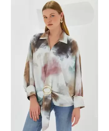 Yeşil Ekru Oversize Dökümlü Saten Gömlek 907