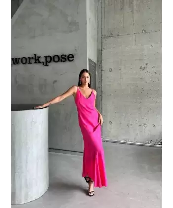 JAKARLI ASKILI SATEN ELBİSE ASİMETRİK - Pembe