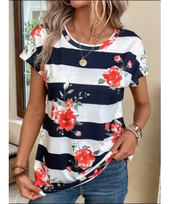 Kadın Çiçek Desenli Yatay Şeritli Bisiklet Yaka Tişört