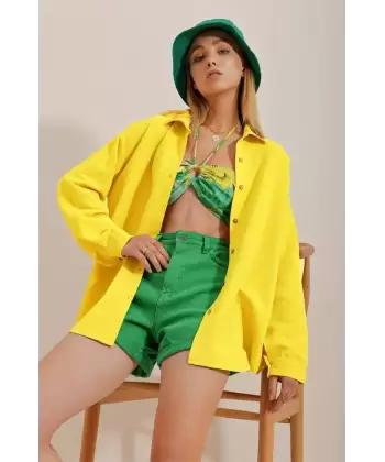 Kadın Keten Kumaş Oversize Gömlek
