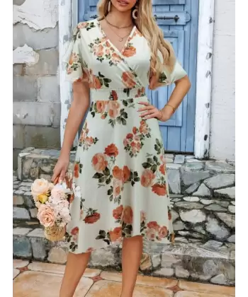 Kadın Kısa Kollu Kruvaze Yakalı Desenli Süprem Kısa Elbise