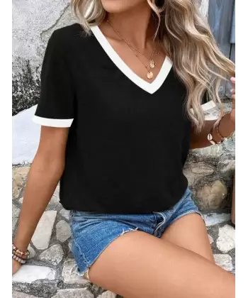 Kadın Kısa Kollu V Yakalı Viskon Bluz