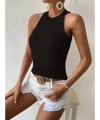 Kadın Kolsuz Halter Yaka Mini Baklava Desenli Triko Bluz