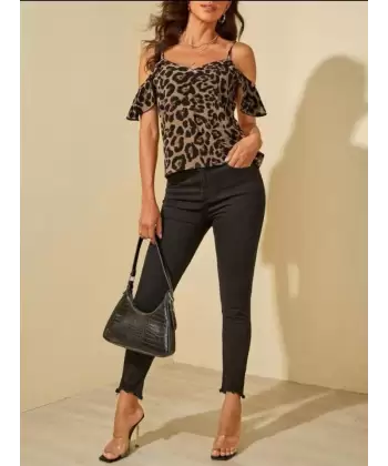 Kadın Leopar Desen Askılı Mikro Bluz