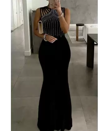 Kadın Omuz çoklu Askılı önü Taş Işlemeli Balık Kesim Janjan Krep Maxi Boy Elbise
