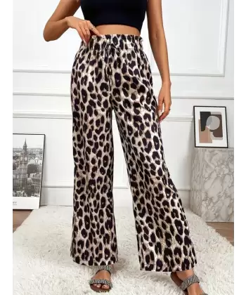 Kadın Yüksek Bel Beli Lastikli Bağcıklı Leopar Desenli Süprem Pantolon