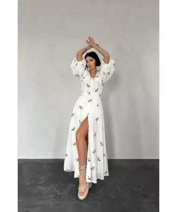 Kahverengi Yakası Çiçek Motifli Kemerli Elbise