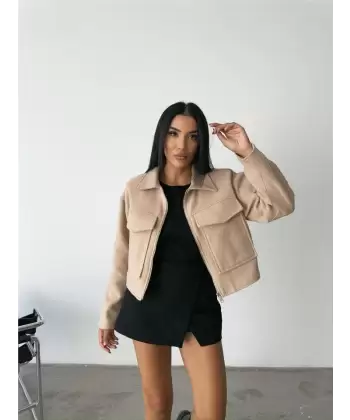 KAŞE CROP CEKET ÖNDEN FERMUARLI - Bej