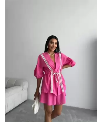 KETEN BEL BÜZGÜLÜ BLUZ-PANTOLON TAKIM - Fuşya