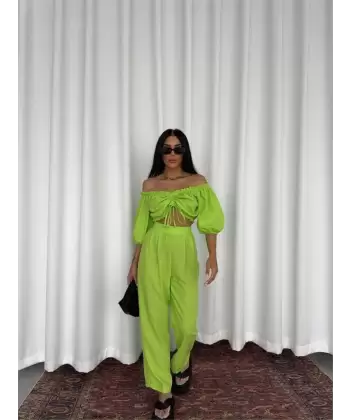 KETEN CROP BLUZ BÜZGÜ YAKA + PANTOLON TAKIM - Yeşil