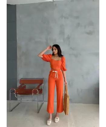 KETEN CROP KARPUZ KOL BLUZ-PANTOLON HASIR KEMERLİ - Orange