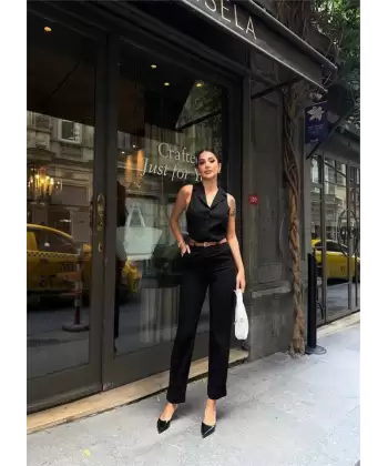 KETEN DUBLE PAÇA DERİ TABA KEMERLİ PANTOLON - Siyah