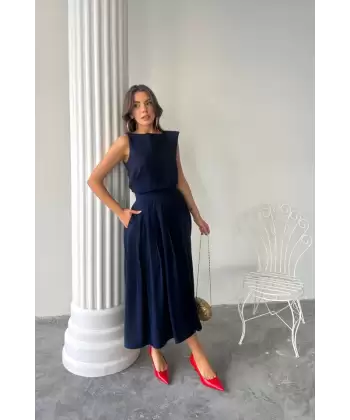 KETEN KOLSUZ BLUZ - MAXİ ETEK TAKIM - Lacivert