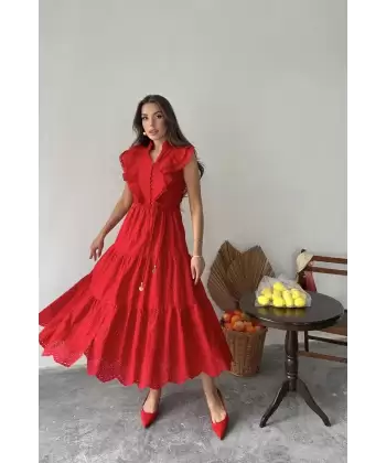 Zümrüt Fırfırlı Düğmeli Elbise