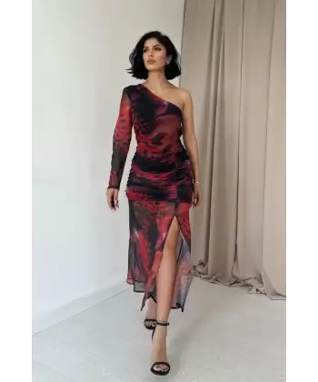 Kırmızı Tek Omuzlu Tül Elbise