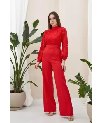 Kırmızı Üstü Dantel Tulum