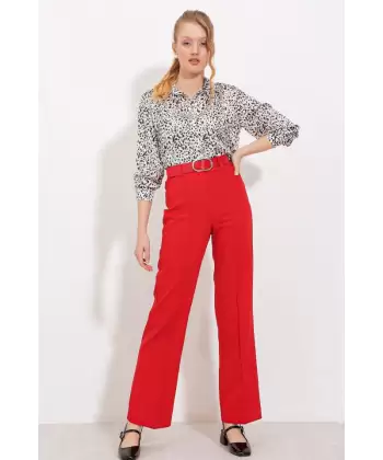 Kırmızı Yüksek Bel Kumaş Pantolon 6584