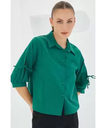 Kol Detaylı Mavi Crop Gömlek 20246