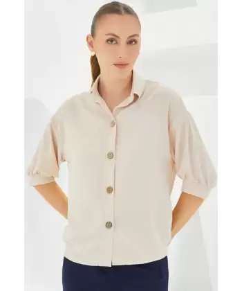 Krem Kısa Kol Oversize Keten Gömlek 20240