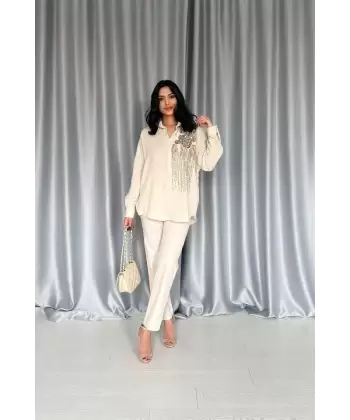 Krem Pulpayet Nakışlı Bedensiz Gömlek