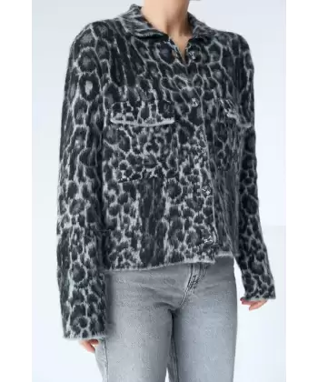 Leopar Desen Jakarlı Hırka - Siyah-Açık Gri