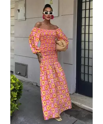 Madonna Yaka Gipe Detaylı Desenli Elbise 2746