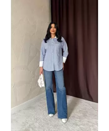 Mavi Çizgili Poplin Uzun Kol Gömlek