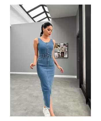 Mavi Likralı Kot Jile Elbise