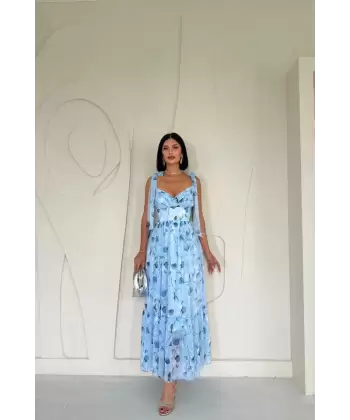Mavi Şifon Drapeli Elbise
