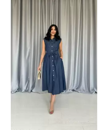 Mavi Tencel Çıtçıtlı Elbise