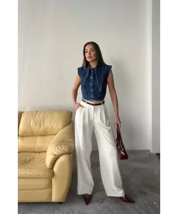 Mavi Yaka Detaylı Denim Crop