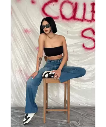 Siyah Yüksek Bel Ve Geniş Paça Jeans Pantolon