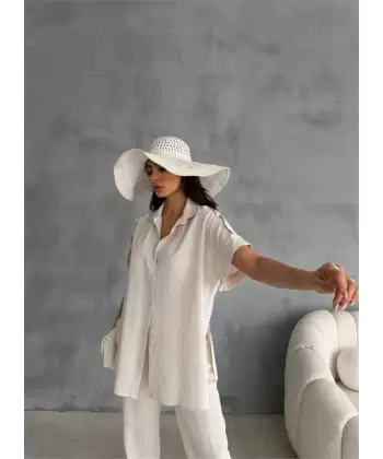 OMUZ MİDYE SIRALI BLUZ - PAÇA PENSLİ PANTOLON TAKIM - Ham