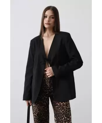 Önü Bağlamalı Blazer Ceket - Siyah