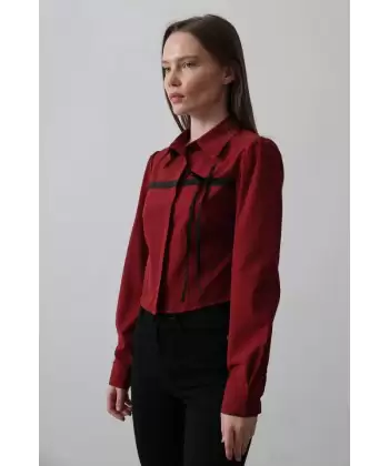 Önü Kontrast Fiyonklu Gömlek - Bordo