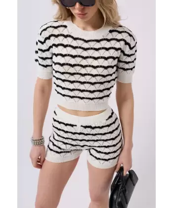 Örgü Detay Çizgili Crop Bluz
