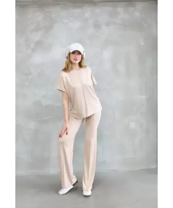 Osy Modal Yumuşak Dokulu Kumaş Bisiklet Yaka Kısa Kollu Takım - Bej