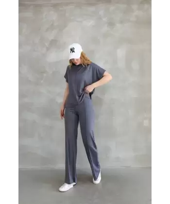 Osy Modal Yumuşak Dokulu Kumaş Bisiklet Yaka Kısa Kollu Takım - Füme