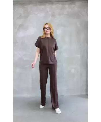Osy Modal Yumuşak Dokulu Kumaş Bisiklet Yaka Kısa Kollu Takım - Kahverengi
